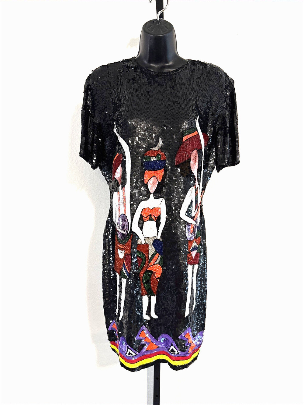 VTG. 1980s Naeem Khan for Riazee Cocktail Dress 3 Dancing Women Sequin Beading
